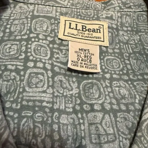 LL Bean Blue Mens XL Tribal Short‎ Sleeve Button Down Cotton Hawaiian Shirt VTG - Picture 4 of 7